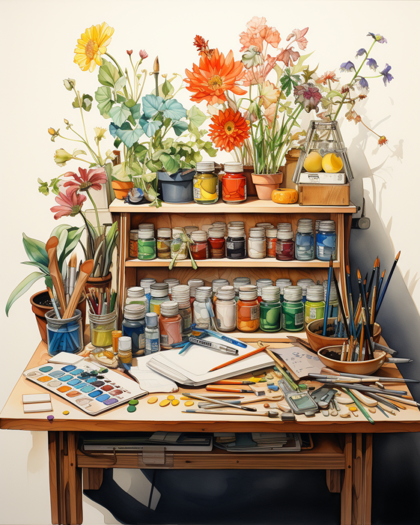desk with paints, flowers and artist's supplies for a craft business